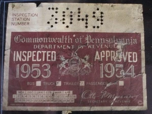 Antik 1953 1954 Pennsylvania Inspektionsaufkleber Auto Ford Chevy Plymouth Dodge - Bild 1 von 2