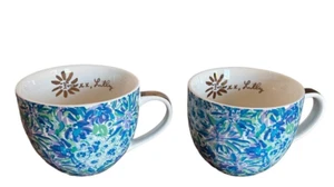 Lily Pulitzer Set Cappuccino Coffee Mugs 12 OZ Gold Luxe Handle Blues Purple - Picture 1 of 7