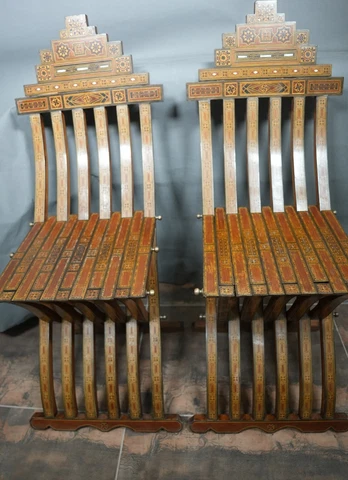 Antique Moorish Damascene Inlaid Folding Decorative Set of 2 Walnut MOP Chairs Cover