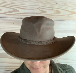 Minnetonka Fold Up Hat Women Small Gray Tan Western Boho Leather Crushable - Picture 1 of 8