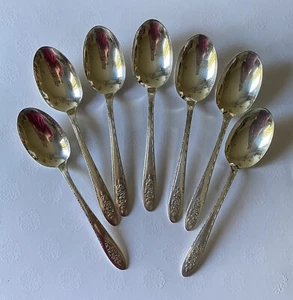 Oneida Wm A Rogers 1949 Lady Stuart Silverplate Flatware 7 Soup Dessert Spoons - Imagen 1 de 11