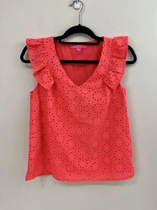 Lilly Pulitzer Lina Eyelet Top Spicy Coral Pink Neon Sunburst XS - Picture 1 of 7