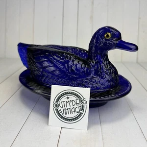 RARE Westmoreland/Rosso Glass Duck Dish on Nest Vintage Cobalt Blue Applied Eyes - Picture 1 of 24