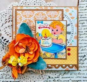 Handmade Vintage Retro Happy First Birthday Baby w. Cake 50's Card - Picture 1 of 2