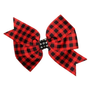 WD2U 5" Red Black Buffalo Plaid Rhinestone Hair Bow French Clip Barrette - Picture 1 of 4