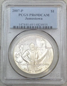 2007-P Jamestown Silver Dollar PCGS PR69DCAM White Deep Cameo Proof #J183N - Picture 1 of 3