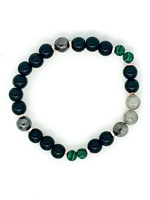 Pulsera elástica de ónix negro malaquita verde riqueza Prosperity Wealth para mujer Foto 1 de 4