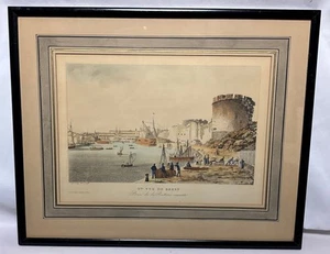 Antica acquatinta Ambroise-Louis Garneray colorata a mano Vue de Brest Francia - Foto 1 di 12