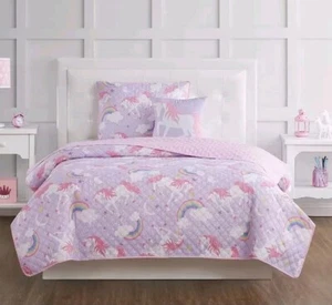 My World~Rainbow Unicorn 3-Piece TWIN QUILT Set ~Purple/Pink - Picture 1 of 8