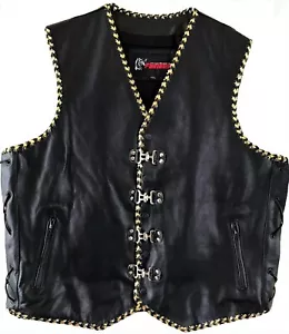 Motorcycle Leather Vest Motorbike Rider Gold Braided Buckles Leather Bike Vest - Picture 1 of 3