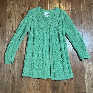 Aran Crafts GREEN Heavy Cable Knit Wool Cardigan Sweater Ireland Women SMALL - Picture 1 of 8