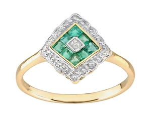 9ct Yellow Gold Emerald & Diamond Ring sizes J to S - ART DECO Design - Picture 1 of 5
