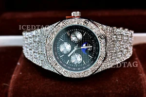 MEN HIP HOP FULL ICED WHITE GOLD PT CHRONO OCTAGON BLACK DIAL LUXURY BLING WATCH - Picture 1 of 4