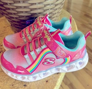 Sketchers Sneakers Pink Glittery Light Up Hearts White Sole Shoes Girls 2 New - Picture 1 of 15