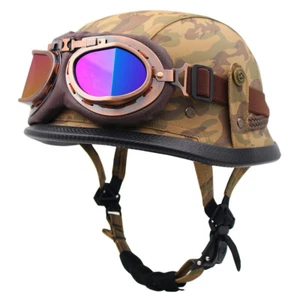 DOT Vintage German Style Motorcycle Half Helmet Scooter Leather Helmet w/Goggles - Picture 1 of 48