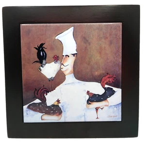 Jennifer Garant Fat Chef With Chickens Framed Art Tile Hanging Trivet - Picture 1 of 4