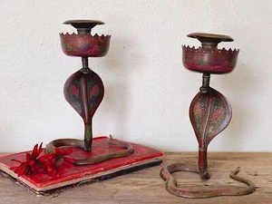 Amazing Pair of XL Vintage Brass Hand Painted Enameled Cobra Snake Candle Holder - Picture 1 of 10