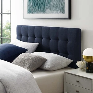 Modway Fabric Upholstered Button Tufted Square Queen Size Headboard in Navy - Picture 1 of 8
