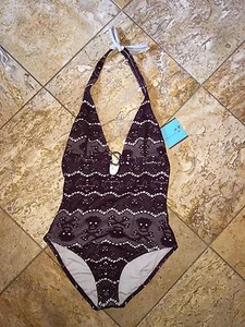 NWT $200 Letarte Skull Lace Bordeaux Plunge Halter One-Piece Swimsuit Women's - Foto 1 di 4