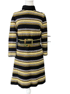 Vintage 60s Mod Knit Dress Small Black Gold Striped Turtleneck Belted Mini Retro - Picture 1 of 13