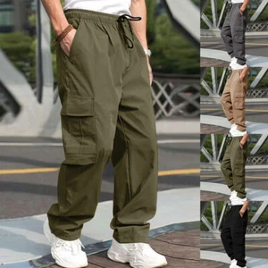 Mens Combat Cargo Pants Joggers Elasticated Waist Work Casual Wide Leg Trousers - Picture 1 of 14