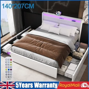 NEW 4 DRAWER STORAGE UPHOLSTERED BED FRAME 4FT6 DOUBLE WITH USB PORT & LED LIGHT - Picture 1 of 14