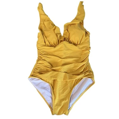 DKNY Swimsuit Womens Size 14 Yellow One Piece Ruching Straps Ruffles Designer - Image 1 of 4