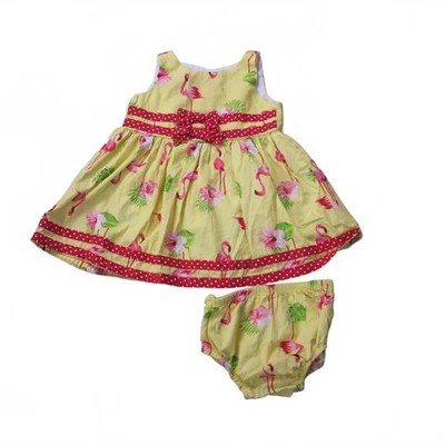 3-6 Month Dress Girl Nannette Baby Yellow Flamingo Pink Yellow Red Polka Dot - Image 1 of 4