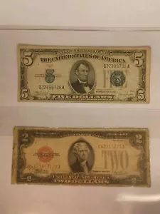 Lot of 2 USA 1934C $5 Blue Seal Silver Certificate, 1928F $2 Red Seal Banknote - Picture 1 of 12