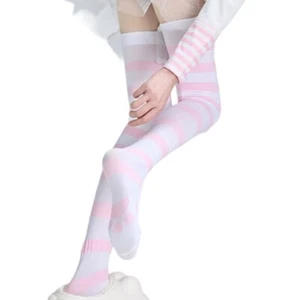Women Japanese Thigh High Stockings Cats Claw Print Anime Stripe Silk Long Socks - Picture 1 of 11