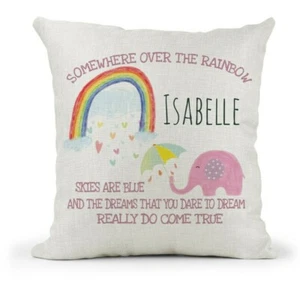 Cuscino personalizzato bambini ragazze da qualche parte sopra l'arcobaleno testo regalo elefante - Foto 1 di 4