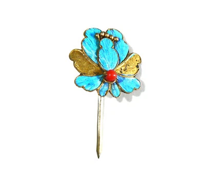 Qing Dynasty Kingfisher Feather Hair Pin Antique VINTAGE Blue Tian-tsui 點翠  - Изображение 1 из 2