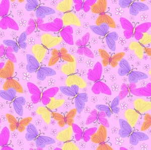 BOLT END 34 INCHES Pink, Purple, and Yellow Butterfly Cotton FLANNEL Fabric - Picture 1 of 3