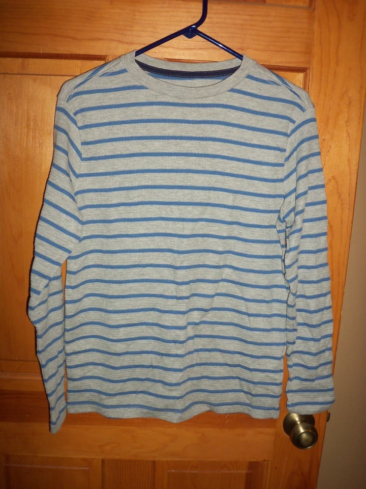 Boy's J Khaki Grey & Blue Striped Thermal Long Sleeve Shirt Size Large EUC - Image 1 of 1