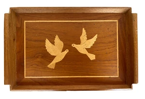 Vintage Hand Made Inlaid Wood Serving Tray with Doves/Birds, 20" by 12" - Picture 1 of 6
