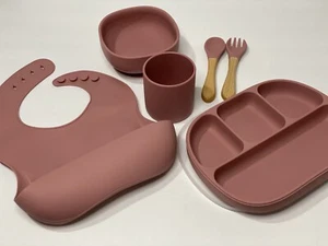 6PCS Baby Suction Bowl+Plates+Bamboo Spoon Fork+Silicone Water Cup+Toddler Bib - Picture 1 of 6