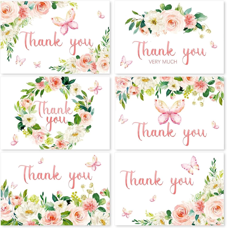💌 Butterfly Floral Thank You Cards Set of 24 – Envelopes & Stickers Included - Image 1 of 4