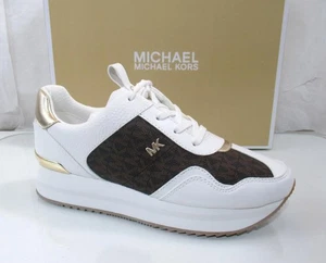Michael Kors Raina Trainer Lace Up Sneakers MK Signature Brown White Size 7.5 - Picture 1 of 9