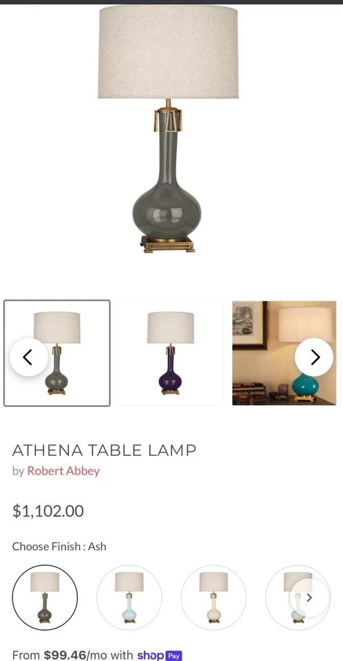Lámpara de mesa Robert Abbey Athena 1 luz, cerámica esmaltada gris/latón envejecido sin pantalla Foto 1 de 4