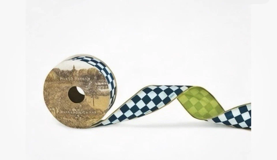 Mackenzie-Childs Blue Royal Check/Lime Back Wire-Edge Ribbon - 2" Full Roll - Image 1 of 1