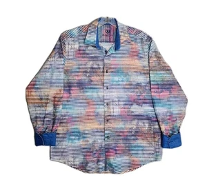 Bugatchi Uomo Dress Shirt Size Large Classic Flip Cuffs Colorful Stripes Trees - Picture 1 of 10