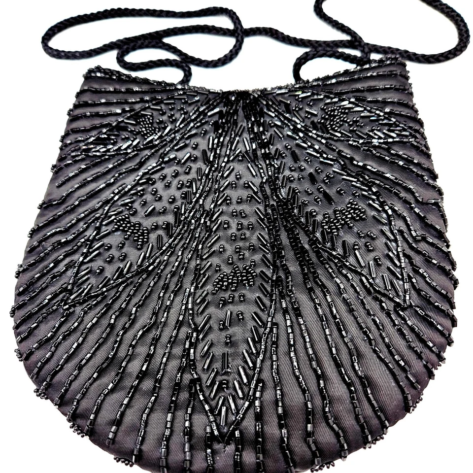 Bolso clutch de noche vintage negro con cuentas retro hoja negra cierre cremallera Foto 1 de 4