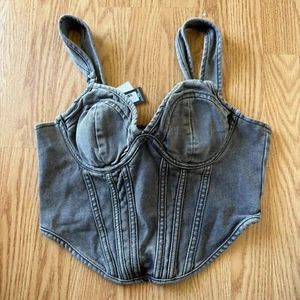 PrettyLittleThing Washed Grey Dip Hem Denim Corset Top Size 6 Bustier Bust Cup - Picture 1 of 9