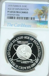 1975 TURKS & CAICOS SILVER 10 CROWNS AGE OF EXPLORATION NGC PF 68 ULTRA CAMEO ! - Picture 1 of 4