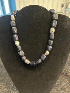 Hand-strung Blue Goldstone/Silver Plate Choker Necklace, 15" - Picture 1 of 2