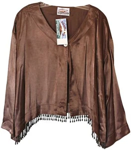 Tienda Ho NWT Brown SILKY RAYON BEADED FRINGE JACKET Singe Button Topper O/S - Imagen 1 de 5