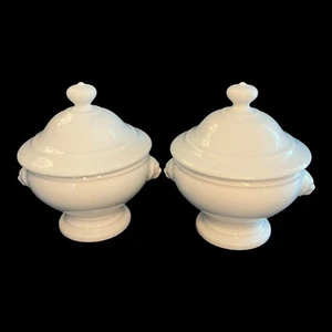 TWO Williams Sonoma Apilco Porcelain White Lion Head Pedestal Soup Bowls & Lids - Picture 1 of 5