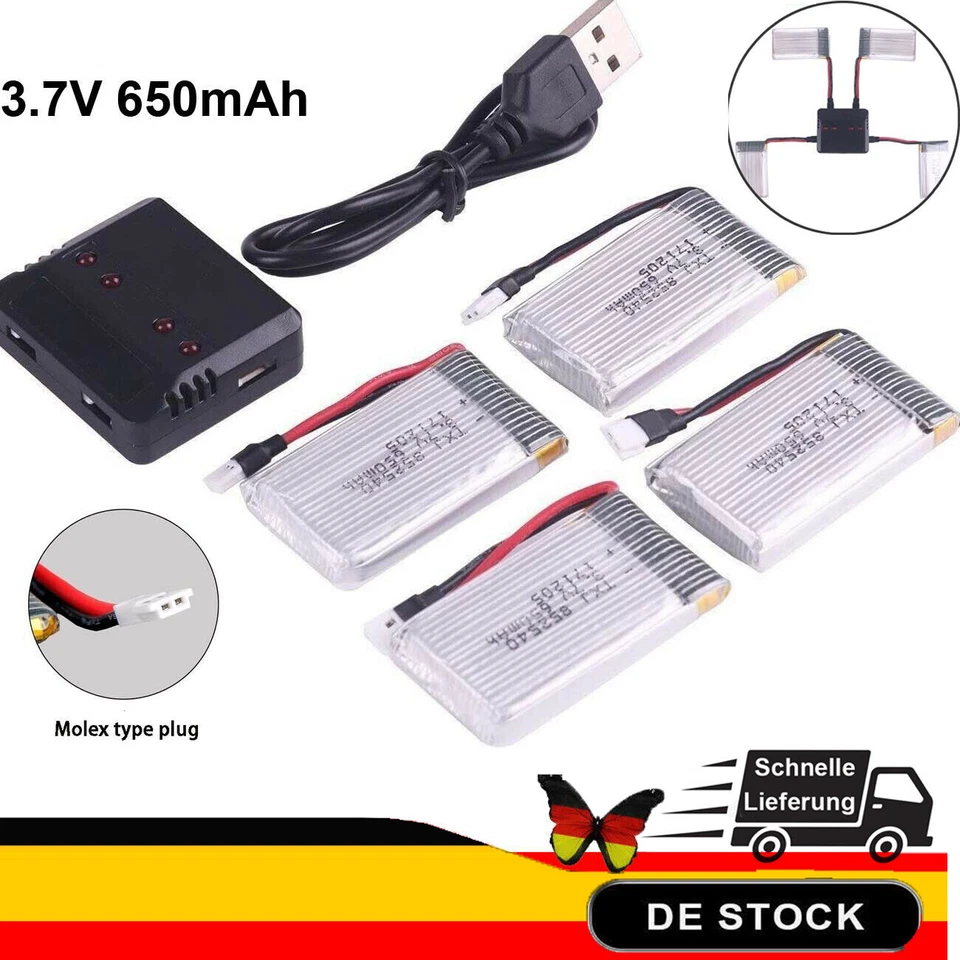 4 Stücke 650mAh 3,7V 650mAh Lipo Akku mit USB Ladekabel für RC UAV Drohne Syma - Bild 1 von 4