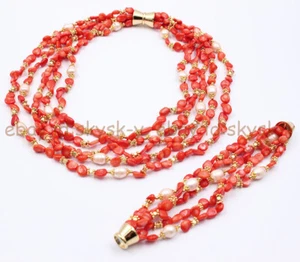 Wunderschöne 5 Reihen unregelmäßige natürliche rote Koralle weiße Perlenkette Armband Set - Bild 1 von 11