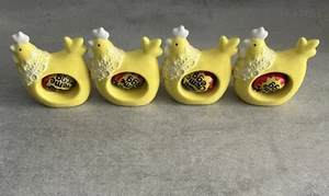 4 CHICKEN Hen NAPKIN RINGS Holders Yellow Easter Egg Cup Prop Vintage Set RARE - Picture 1 of 17